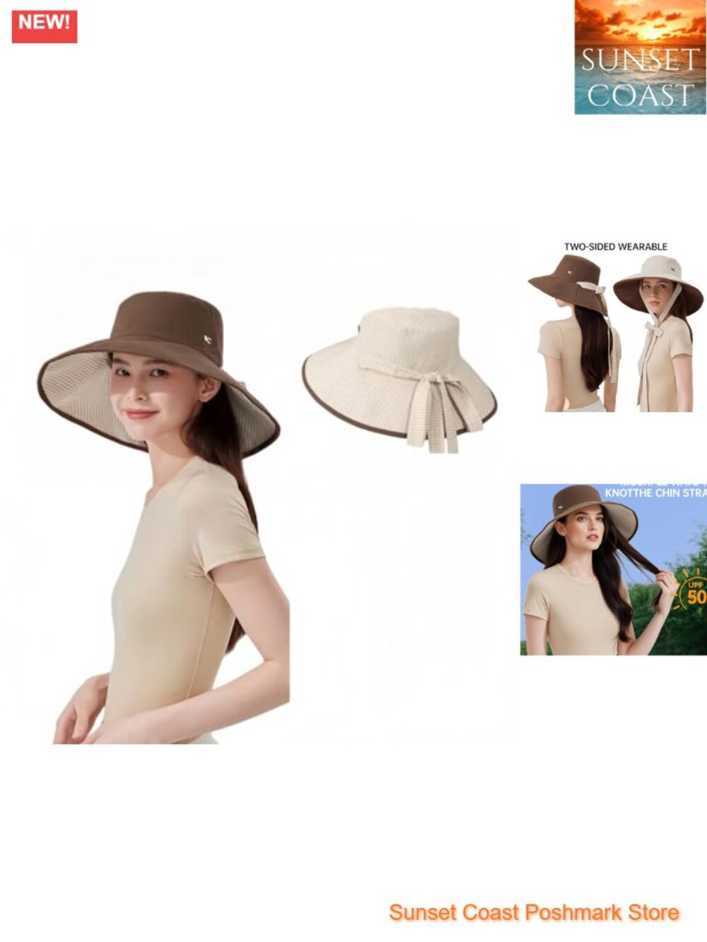 Reversible Wide Brim Sun Hat UPF 50+ Waterproof Cotton Bucket Hat for Women